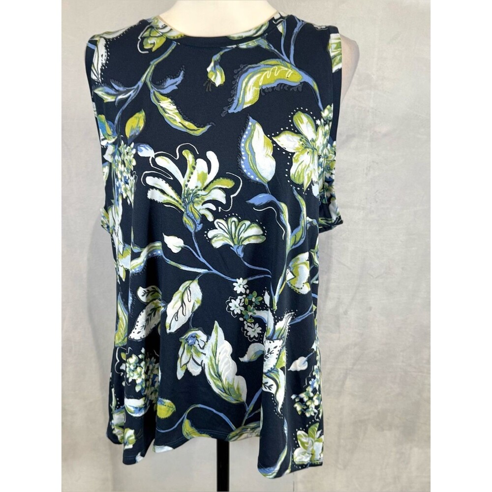 Chaus New York navy and lime green floral print top size XL